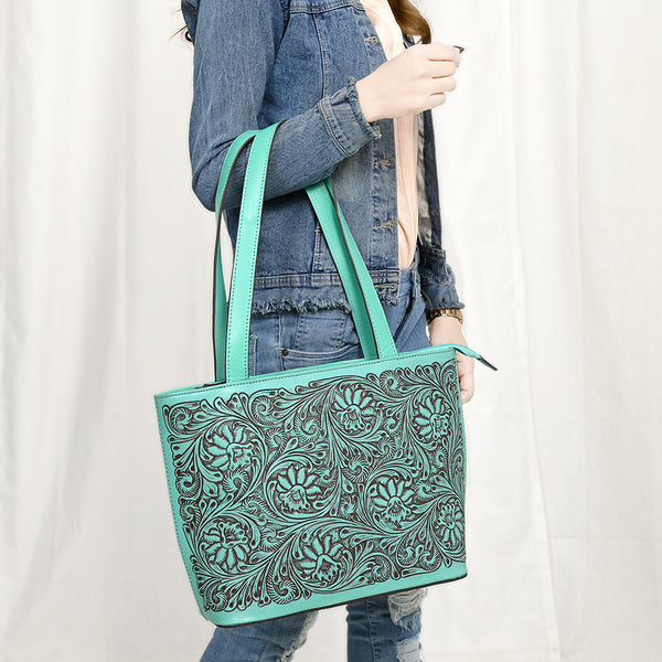 ADBGZ837 Hand-Tooled Leather Tote Bag - Western Floral Statement