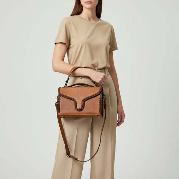 ADBGM435 Western Leather Crossbody Bag with Braided Edge & Top Handle - Genuine Tan Cowhide