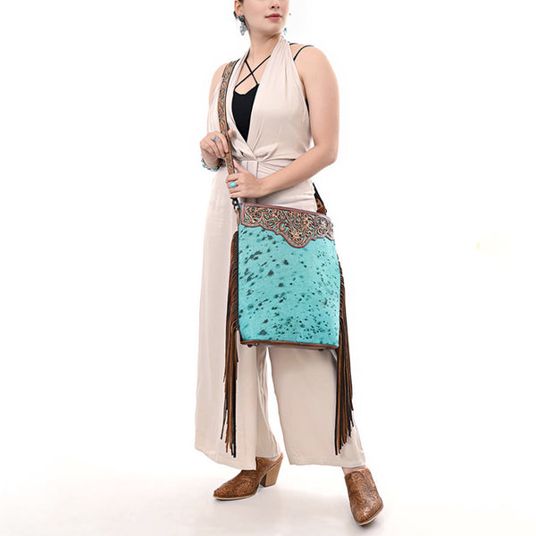 ADBG1493 American Darling Hand-Tooled Leather Large Crossbody Bag | Hair-On Cowhide Fringe Purse