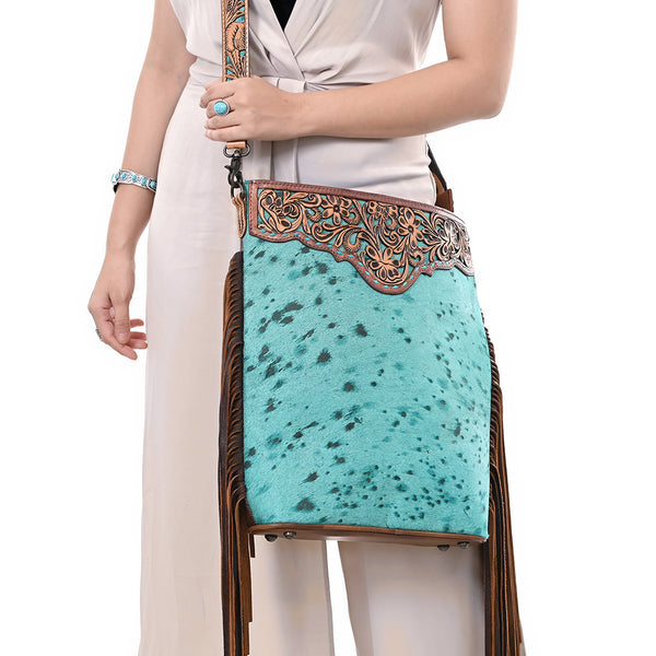ADBG1493 American Darling Hand-Tooled Leather Large Crossbody Bag | Hair-On Cowhide Fringe Purse