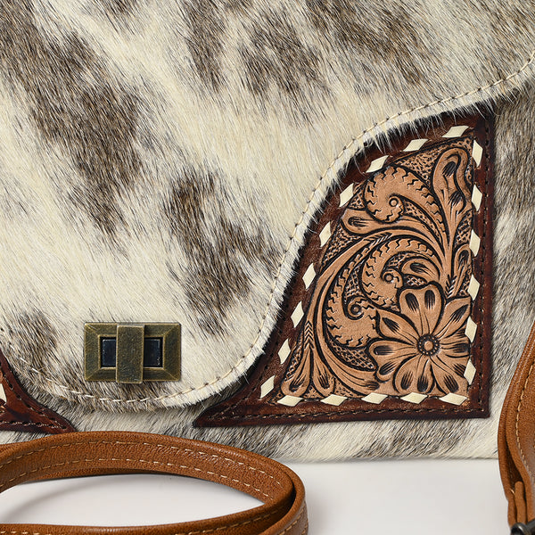 ADBG1497 American Darling Hair-on Cowhide Leather Envelope Bag | Hand-Tooled Floral Western Crossbody