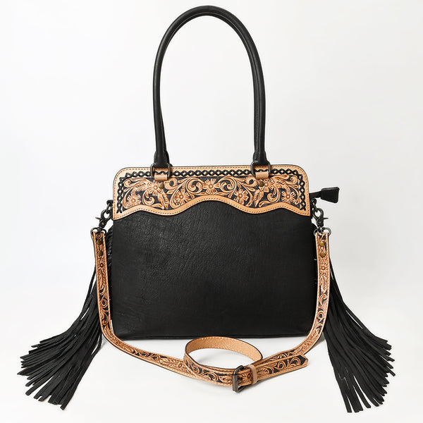 ADBG1500 American Darling Black Western Leather Tote Bag with Hand-Tooled Floral Panel & Fringe Accents