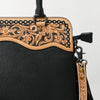 ADBG1500 American Darling Black Western Leather Tote Bag with Hand-Tooled Floral Panel & Fringe Accents