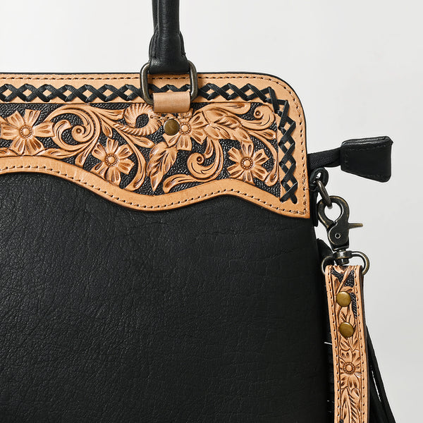 ADBG1500 American Darling Black Western Leather Tote Bag with Hand-Tooled Floral Panel & Fringe Accents