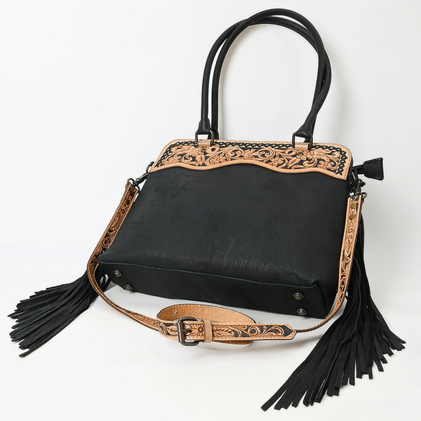ADBG1500 American Darling Black Western Leather Tote Bag with Hand-Tooled Floral Panel & Fringe Accents