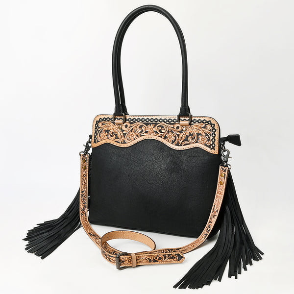 ADBG1500 American Darling Black Western Leather Tote Bag with Hand-Tooled Floral Panel & Fringe Accents