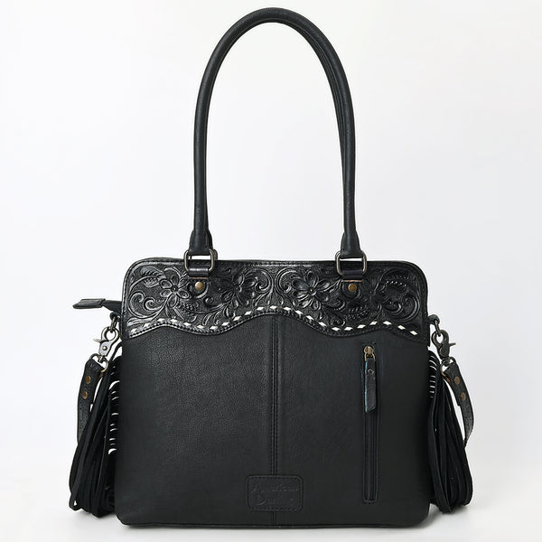 ADBG1501 American Leather Western Leather Tote Bag with Hand-Tooled Floral Panel & Fringe Details