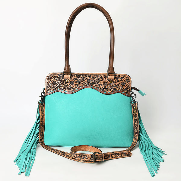 ADBG1502 American Darling Western Leather Tote Bag with Hand-Tooled Floral Panel & Fringe Accents