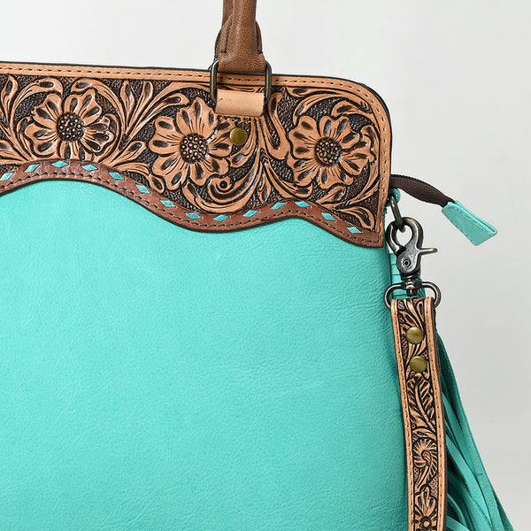 ADBG1502 American Darling Western Leather Tote Bag with Hand-Tooled Floral Panel & Fringe Accents