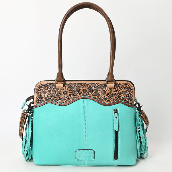 ADBG1502 American Darling Western Leather Tote Bag with Hand-Tooled Floral Panel & Fringe Accents