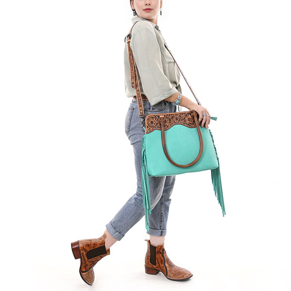 ADBG1502 American Darling Western Leather Tote Bag with Hand-Tooled Floral Panel & Fringe Accents