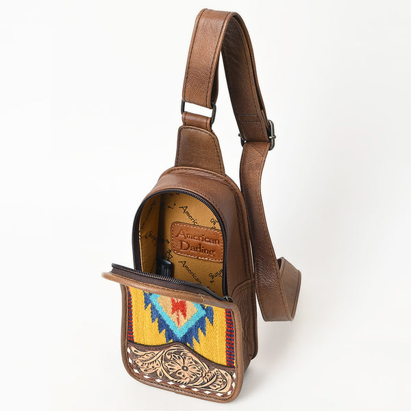 ADBG1510 American Darling Western Leather Sling Bag with Hand-Tooled Floral & Saddle Blanket Panel