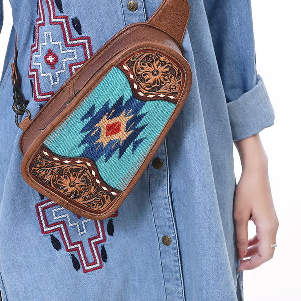 ADBG1510 American Darling Western Leather Sling Bag with Hand-Tooled Floral & Saddle Blanket Panel