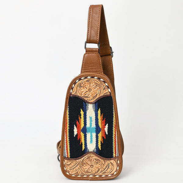 ADBG1510 American Darling Western Leather Sling Bag with Hand-Tooled Floral & Saddle Blanket Panel