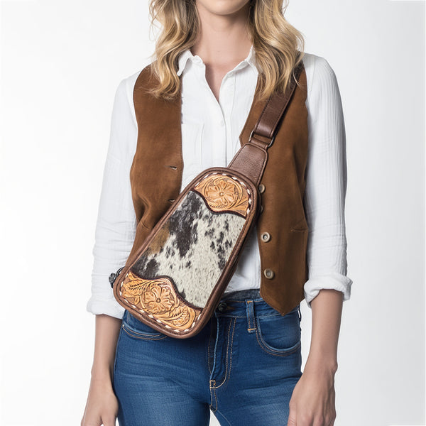 ADBG1510E American Dalring Hair-On Cowhide Western Leather Sling Bag Hand-Tooled Genuine Leather Crossbody