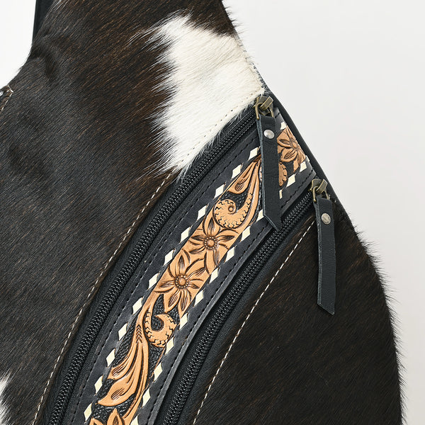 ADBG1514 American Darling Western Leather Sling Bag with Black & White Hair-On Cowhide & Hand-Tooled Accents
