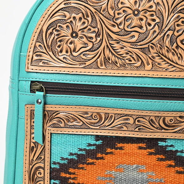 ADBG1515 American Darling Western Leather Backpack Bag with Hand-Tooled Details & Woven Saddle Blanket