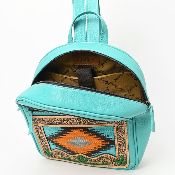 ADBG1515 American Darling Western Leather Backpack Bag with Hand-Tooled Details & Woven Saddle Blanket