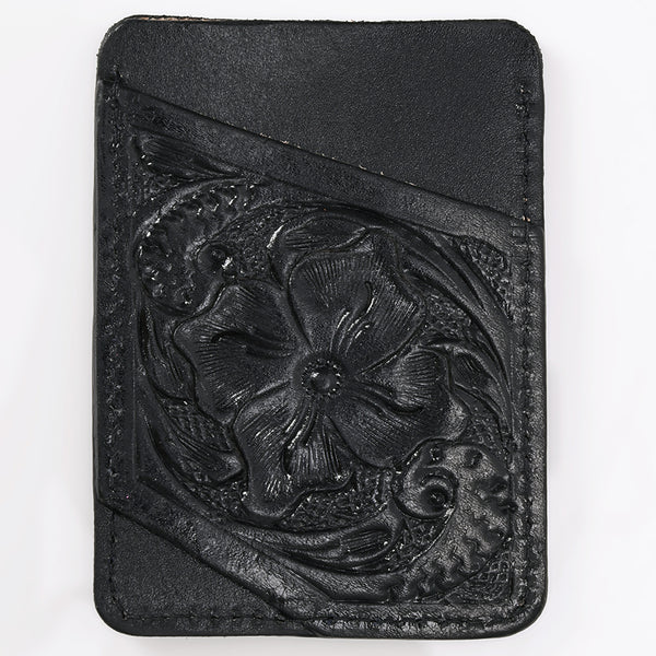 ADCCG108A Hand-Tooled Black Leather Card Holder - Western Floral Slim Vertical Wallet