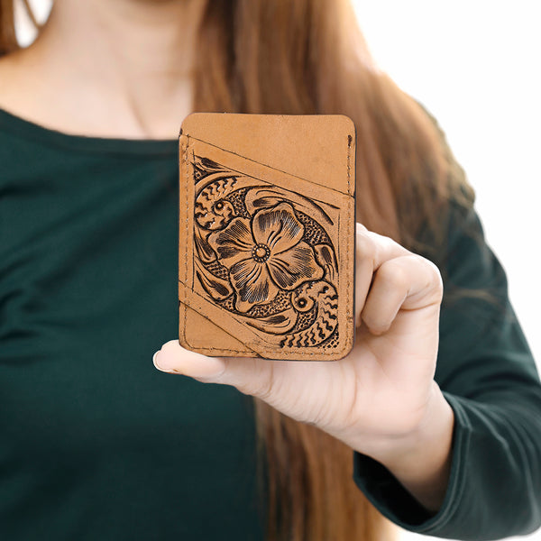 ADCCG108 Hand-Tooled Leather Card Holder - Western Floral Slim Vertical Wallet