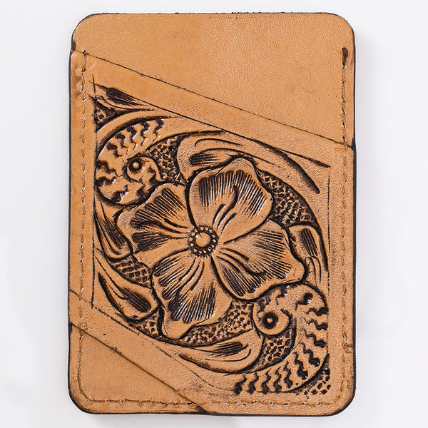 ADCCG108 Hand-Tooled Leather Card Holder - Western Floral Slim Vertical Wallet