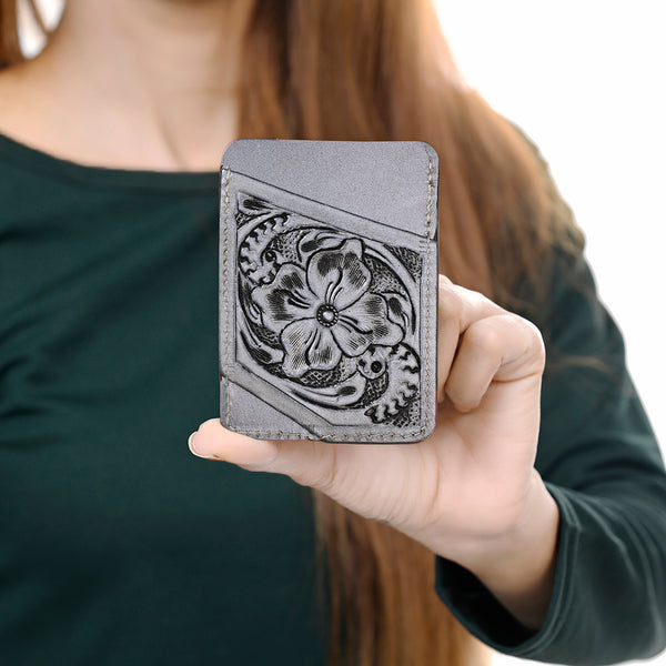 ADCCG108 Hand-Tooled Leather Card Holder - Western Floral Slim Vertical Wallet