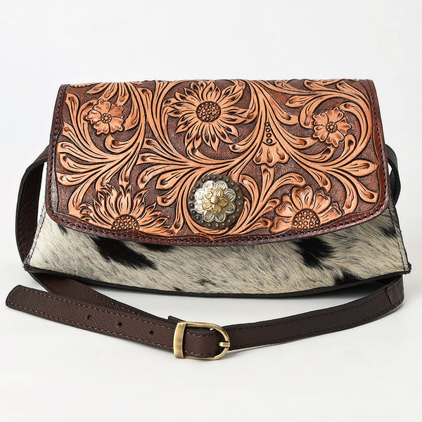 ADBGA569 American Darling Hand-Tooled Leather & Cowhide Crossbody Bag Western Floral Concho Accent