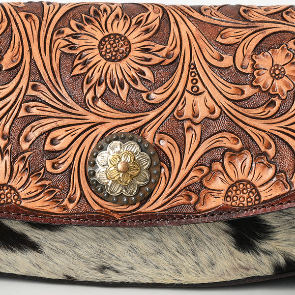 ADBGA569 American Darling Hand-Tooled Leather & Cowhide Crossbody Bag Western Floral Concho Accent