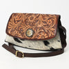 ADBGA569 American Darling Hand-Tooled Leather & Cowhide Crossbody Bag Western Floral Concho Accent