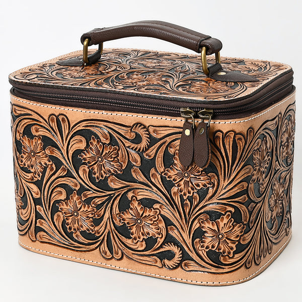ADBGA576 American Darling Hand-Tooled Leather Jewelry Case with Zip Closure and Top Handle