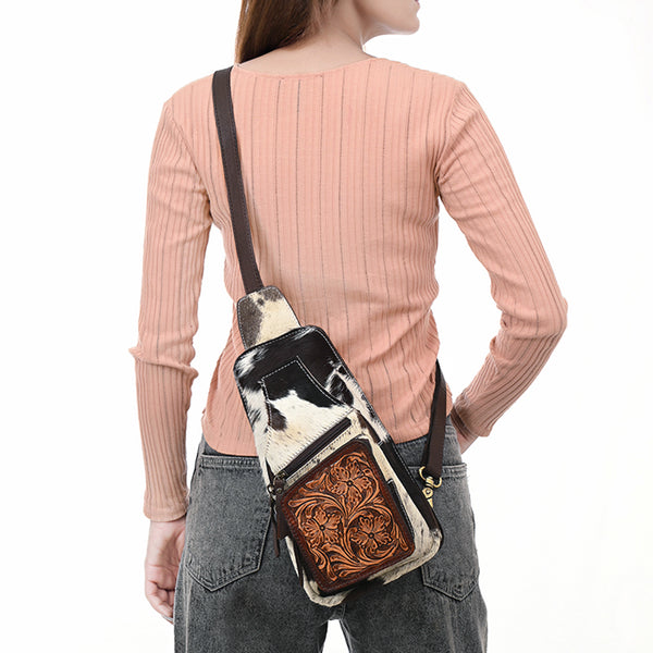 ADBGA579 American Darling Hair-On Cowhide Leather Sling Bag with Hand-Tooled Pocket