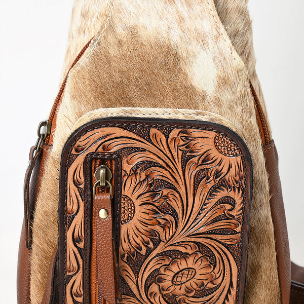 ADBGA580 American Darling Hand-Tooled Leather & Cowhide Sling Bag With Hand Tooled