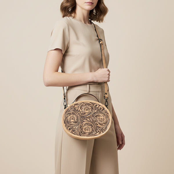 ADBGZ865 Round Tooled Leather Canteen Bag Floral Engraved Western Circle Purse | American Darling