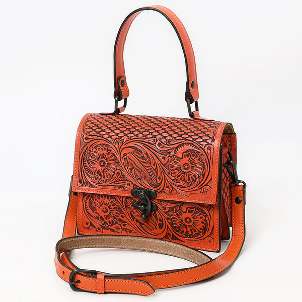ADBGZ866 Orange Tooled Leather Tote Handbag Floral Western Satchel with Crossbody Strap | American Darling