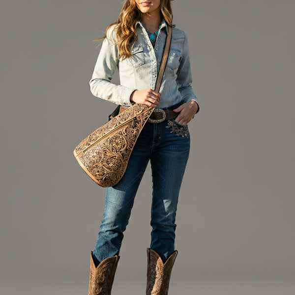 ADBGZ869 Tan Hand-Tooled Leather Sling Backpack Western Crossbody Daypack | American Darling