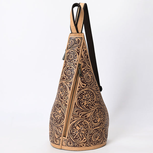 ADBGZ869 Tan Hand-Tooled Leather Sling Backpack Western Crossbody Daypack | American Darling