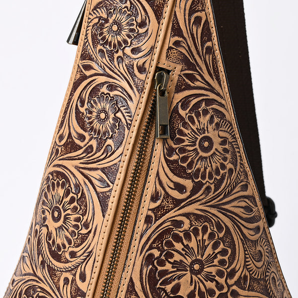 ADBGZ869 Tan Hand-Tooled Leather Sling Backpack Western Crossbody Daypack | American Darling