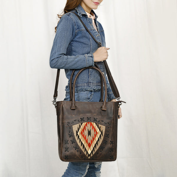 ADBG1523 American Darling Western Leather Tote Bag with Hand Woven Saddle Blanket Detail
