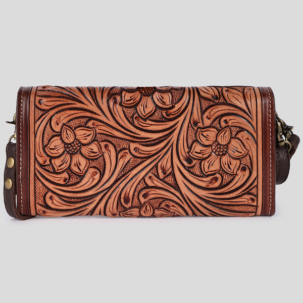 ADBGM295 Hand-Tooled Leather Clutch Wristlet - Western Floral Design & Detachable Strap