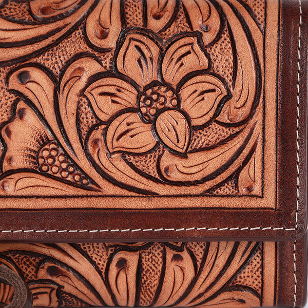 ADBGM295 Hand-Tooled Leather Clutch Wristlet - Western Floral Design & Detachable Strap