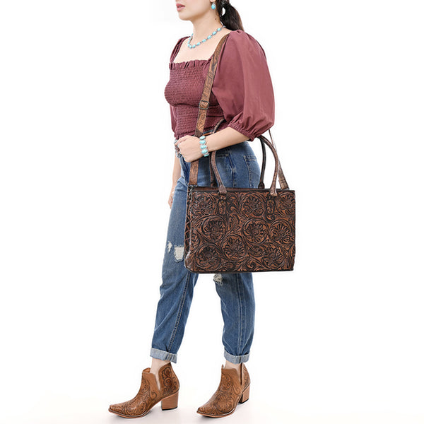 ADBG1532 American Darling Western Leather Tote Bag with Hand-Tooled Floral Design Genuine Full-Grain Leather