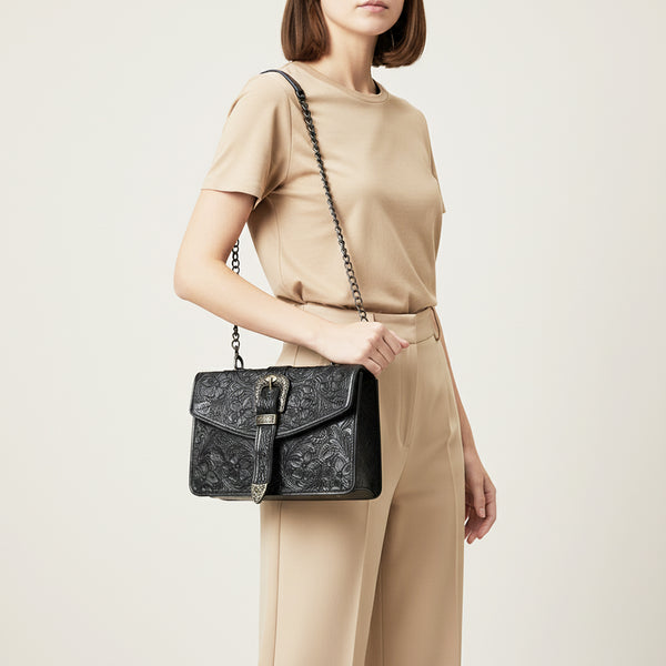 ADBG1535 American Darling Western Leather Small Crossbody Bag with Hand-Tooled Floral Design & Chain Strap