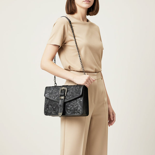 ADBG1535 American Darling Western Leather Small Crossbody Bag with Hand-Tooled Floral Design & Chain Strap