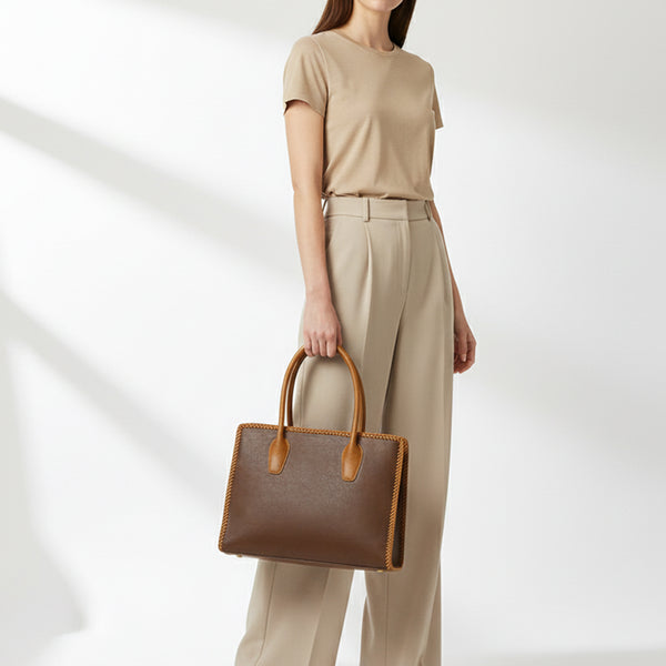 ADBGM301 Classic Western Leather Tote - Structured Caramel-Trimmed Handbag with Braided Edge