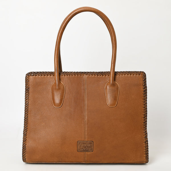 ADBGM301 Classic Western Leather Tote - Structured Caramel-Trimmed Handbag with Braided Edge