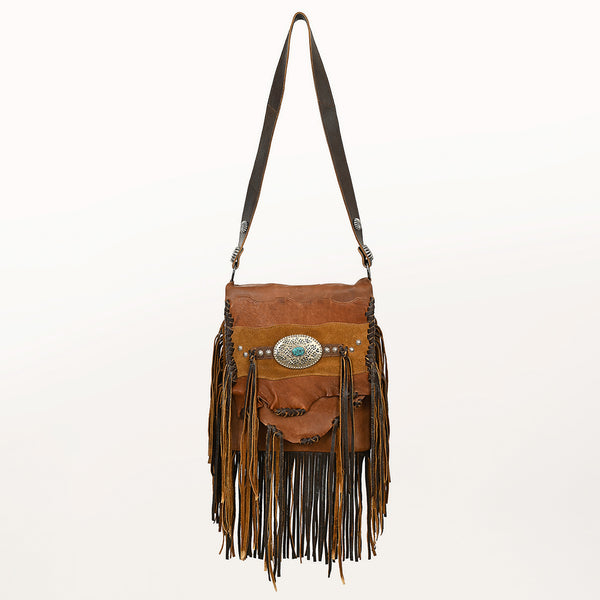 ADBGM253 Distressed Leather Fringe Messenger - Western Raw Edge Purse with Turquoise Concho