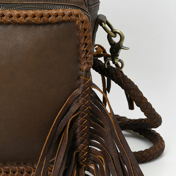 ADBGM354 Leather Fringe Crossbody Bag - Dual Pocket Western Braided Mini Purse