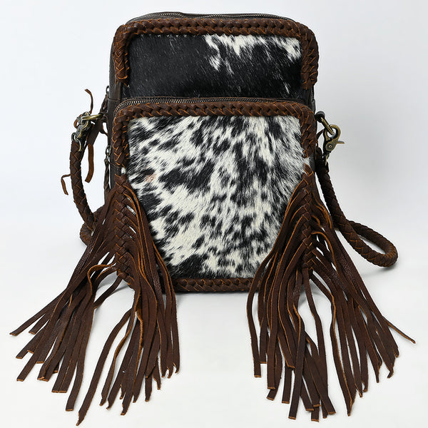 ADBGM354B Hair-On Cowhide Fringe Crossbody Bag - Dual Pocket Mini Western Leather Purse