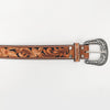 ADBLF262 Black & Tan Floral Tooled Leather Belt with Contrast Stitching and Silver Buckle