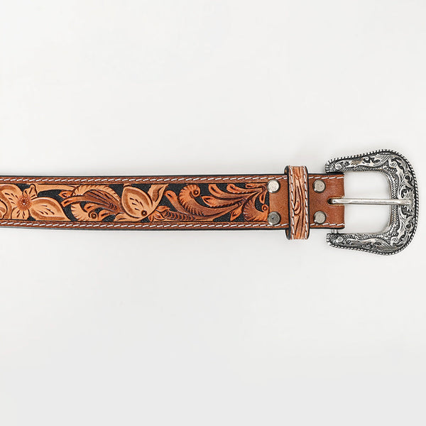 ADBLF262 Black & Tan Floral Tooled Leather Belt with Contrast Stitching and Silver Buckle